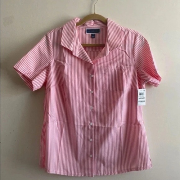 Karen Scott Tops - Karen Scott Pink and White Striped Button Down Shirt